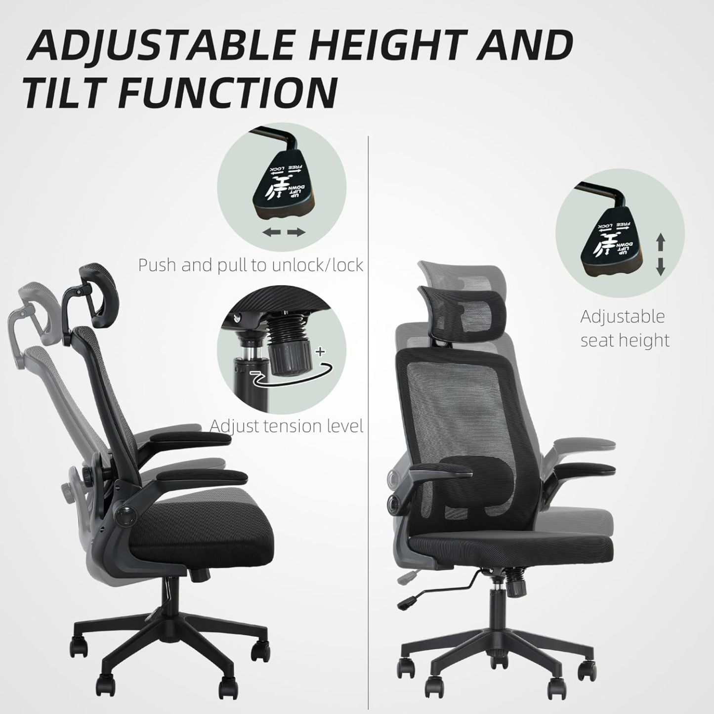 Ergonomic Office Chair, High Back Desk Chair with Flip-up Armrest, Rotatable Headrest, Tilt Function, Adjustable Lumbar Support