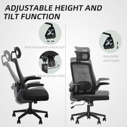 Ergonomic Office Chair, High Back Desk Chair with Flip-up Armrest, Rotatable Headrest, Tilt Function, Adjustable Lumbar Support