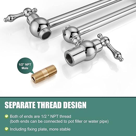 Kitchen Pot Filler Faucet Wall Mount Two Handles Single Hole Heyalan Strechable Arm Polished Chrome SUS304 Stainless Steel Double Connectors Folding Modern 360 Degrees Rotation