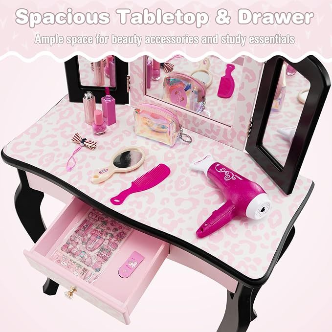 Kids Vanity, Princess Makeup Vanity Set for Little Girls, Real Glass Tri-Folding Mirror