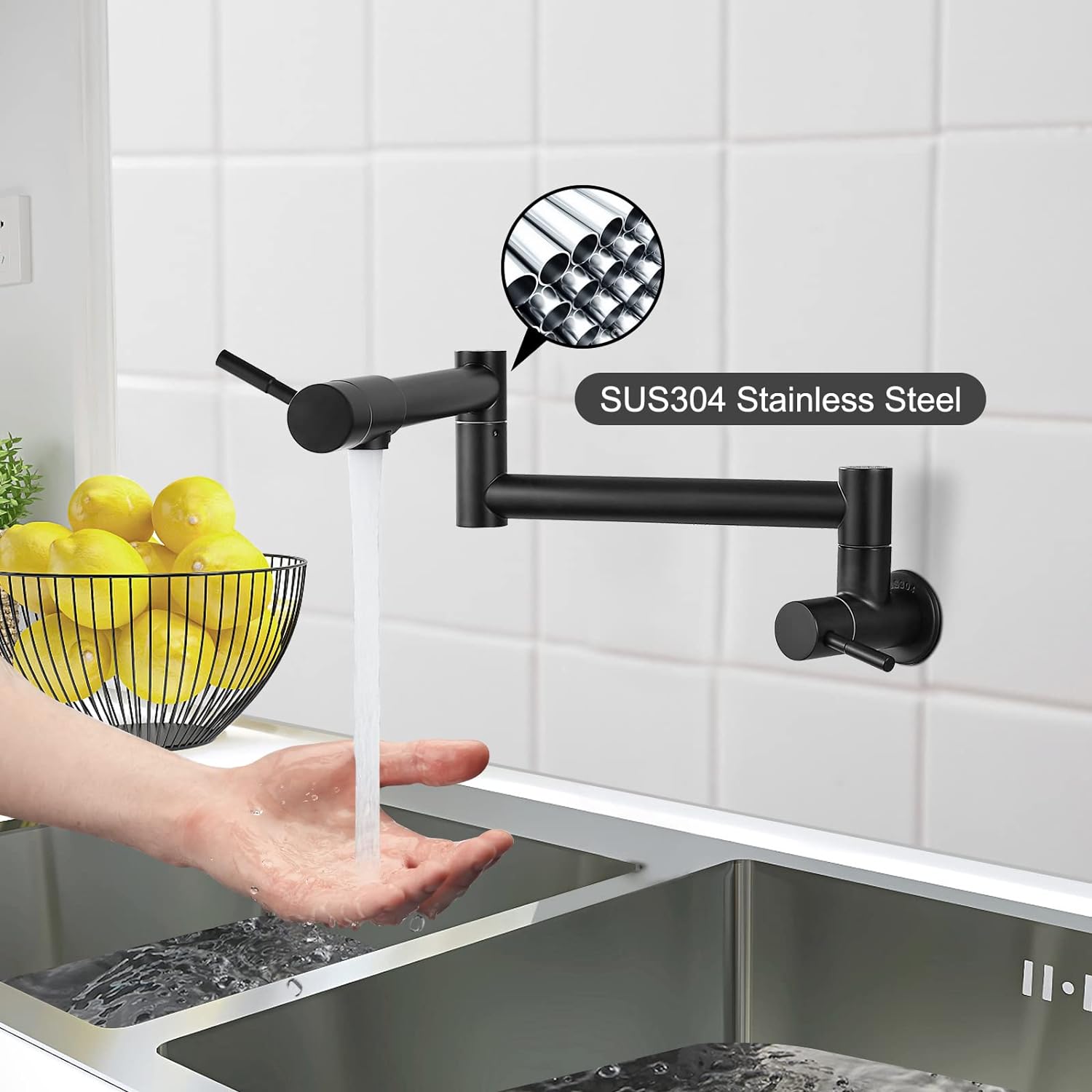 Matte Black Pot Filler 19 Inch Wall Mount Folding Stretchable Kitchen Restaurant Faucet Stainless Steel Pot Filler with Double Joint Swing Arm Single Hole Two Handles Commercial NPT