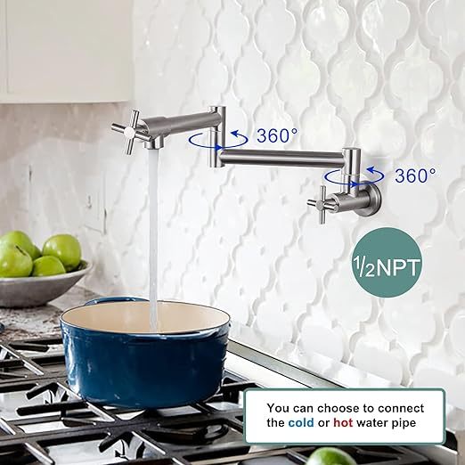 Pot Filler Kitchen Faucet Stainless Steel SUS304 Two Cross Handle Single Hole 19" Spout Wall Mounted Stretchable Swing Arm Brushed Nickel Commercial Kitchen Faucet Control Water