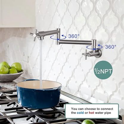 Pot Filler Kitchen Faucet Stainless Steel SUS304 Two Cross Handle Single Hole 19" Spout Wall Mounted Stretchable Swing Arm Brushed Nickel Commercial Kitchen Faucet Control Water