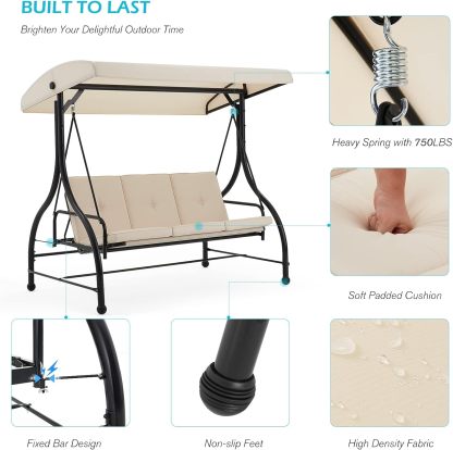 3-Seat Outdoor Patio Swing Chair, Converting Swing Glider Canopy Hammock w/Adjustable Backrest and Canopy, Removable Cushions for Porch, Backyard, Poolside, Beige