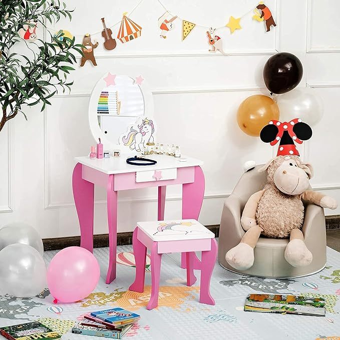 Kids Vanity Set with Mirror, Wooden Princess Makeup Table and Stool Set