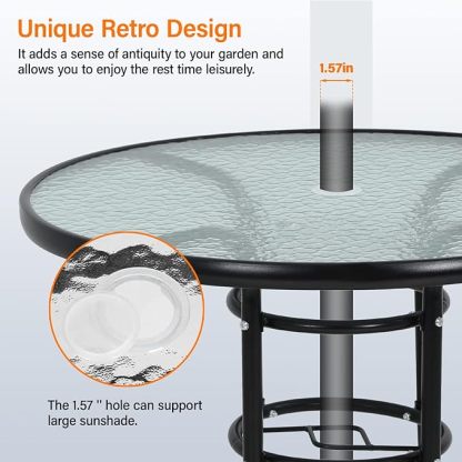 Outdoor Table Patio Table Dining Table with Tempered Glass Umbrella Hole