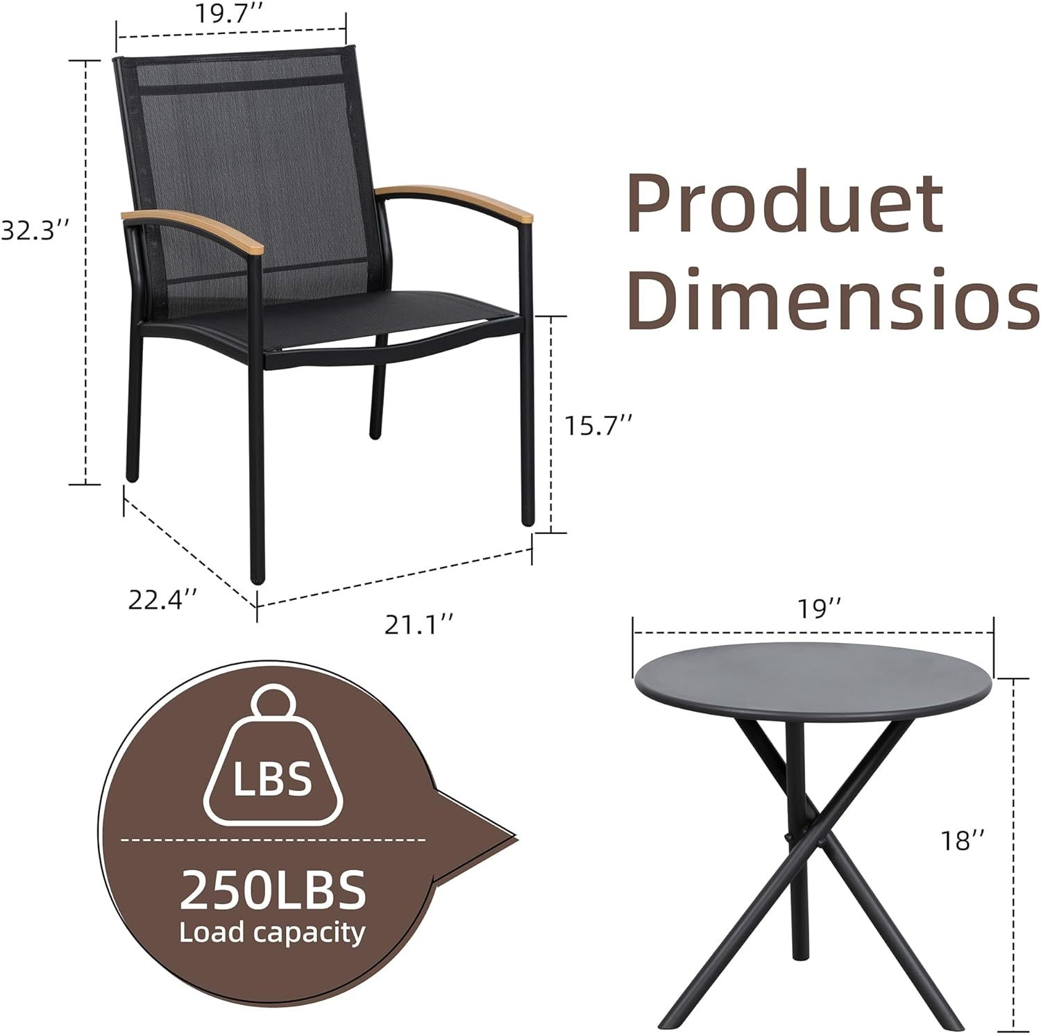 3 Pieces Patio Bistro Sets, Outdoor Textilene Fabric Conversation Bistro Set