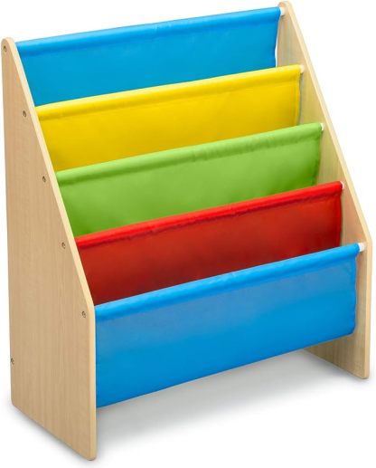 Sling Book Rack Bookshelf, 4-Tier Wooden Shelf with Soft Fabric Pockets