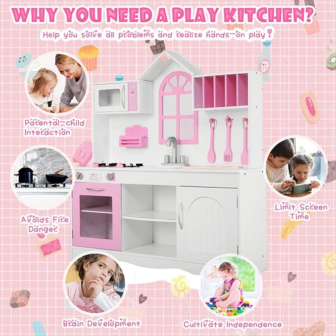 Pink Kids Kitchen Playset, 43 Inch Rooftop Wooden Play Kitchen for Toddlers