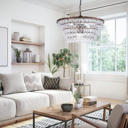 Crystal Chandelier Farmhouse 5 Tiers Crystal Light Fixtures Hanging Modern Bronze Ceiling Pendant Light, Chandeliers for Dining Room, Kitchen Island, Bedroom, Foyer, Entryway, Bar, W28-inch