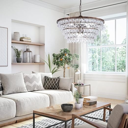 Crystal Chandelier Farmhouse 5 Tiers Crystal Light Fixtures Hanging Modern Bronze Ceiling Pendant Light, Chandeliers for Dining Room, Kitchen Island, Bedroom, Foyer, Entryway, Bar, W28-inch