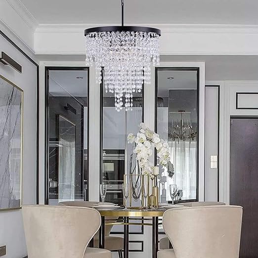 Black Crystal Chandelier 24 inch, 3-Tier Modern Round K9 Crystals Light Fixtures for Dining Room, Contemporary Pendant Light FixtureKitchen Island, Living Room, Bedroom,Foyer