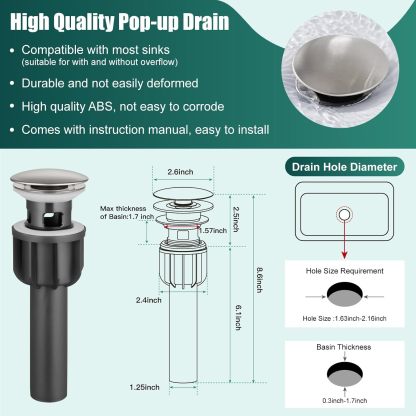 Brushed Nickel Bathroom Faucet Single Handle 1 Hole SUS304 Stainless Steel Deck Mount Lavatory Single Switch Basin Sink Hot and Cold Water Mixer Tap with Pop Up Drain