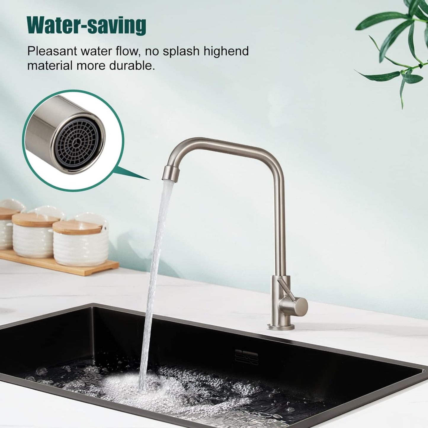 Cold Only Water Kitchen Faucet Brushed Nickel Heyalan Single Lever Handle 304 Stainless Steel Commercial Bar Tap Decked Mounted 360 Degree Swivel Spout Longer Thread Pipe