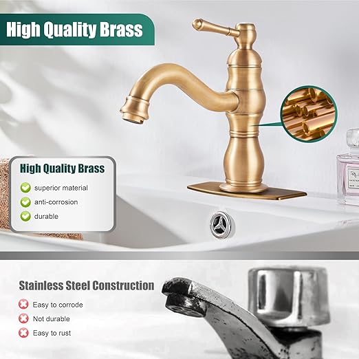 Antique Brass Bathroom Sink Overflow Faucet Single Hole One Handle with Pop Up Drain Assembly Deck Mount Single Handle Bathroom Sink Faucet Vanity Mixer Tap Lavatory Included