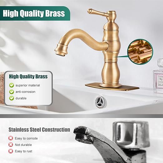 Antique Brass Bathroom Sink Overflow Faucet Single Hole One Handle with Pop Up Drain Assembly Deck Mount Single Handle Bathroom Sink Faucet Vanity Mixer Tap Lavatory Included