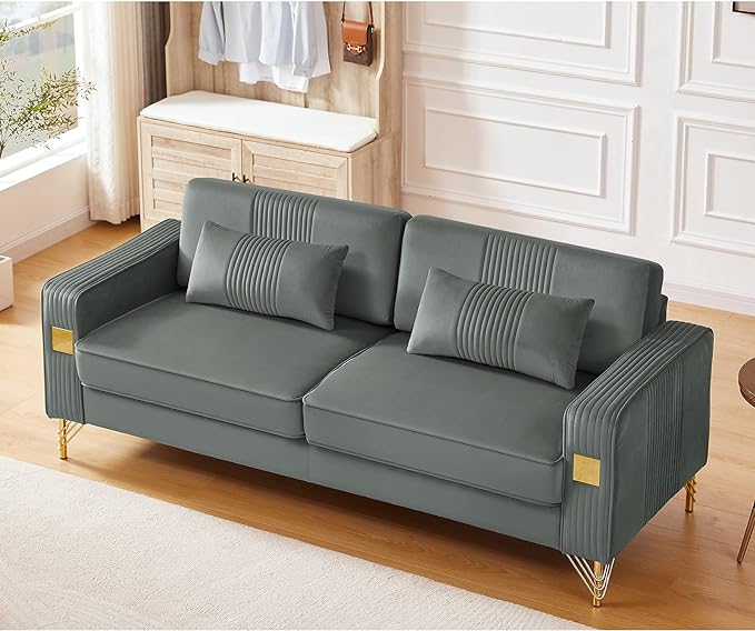 79”W Velvet Small Sofa Couch, Modern Oversized Loveseat with 2 Matching Pillows