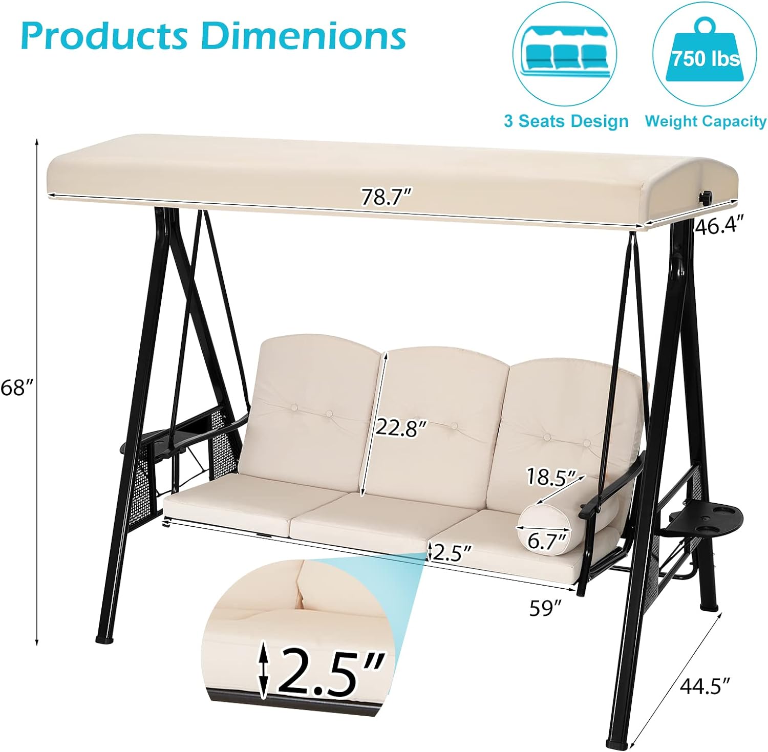 3-Seat Porch Swing Chair, Patio Swing Chair with Stand and Removable Cushions, Outdoor Canopy Swing Chair for Outside, Backyard, Garden(Beige Cushion&Steel Frame)