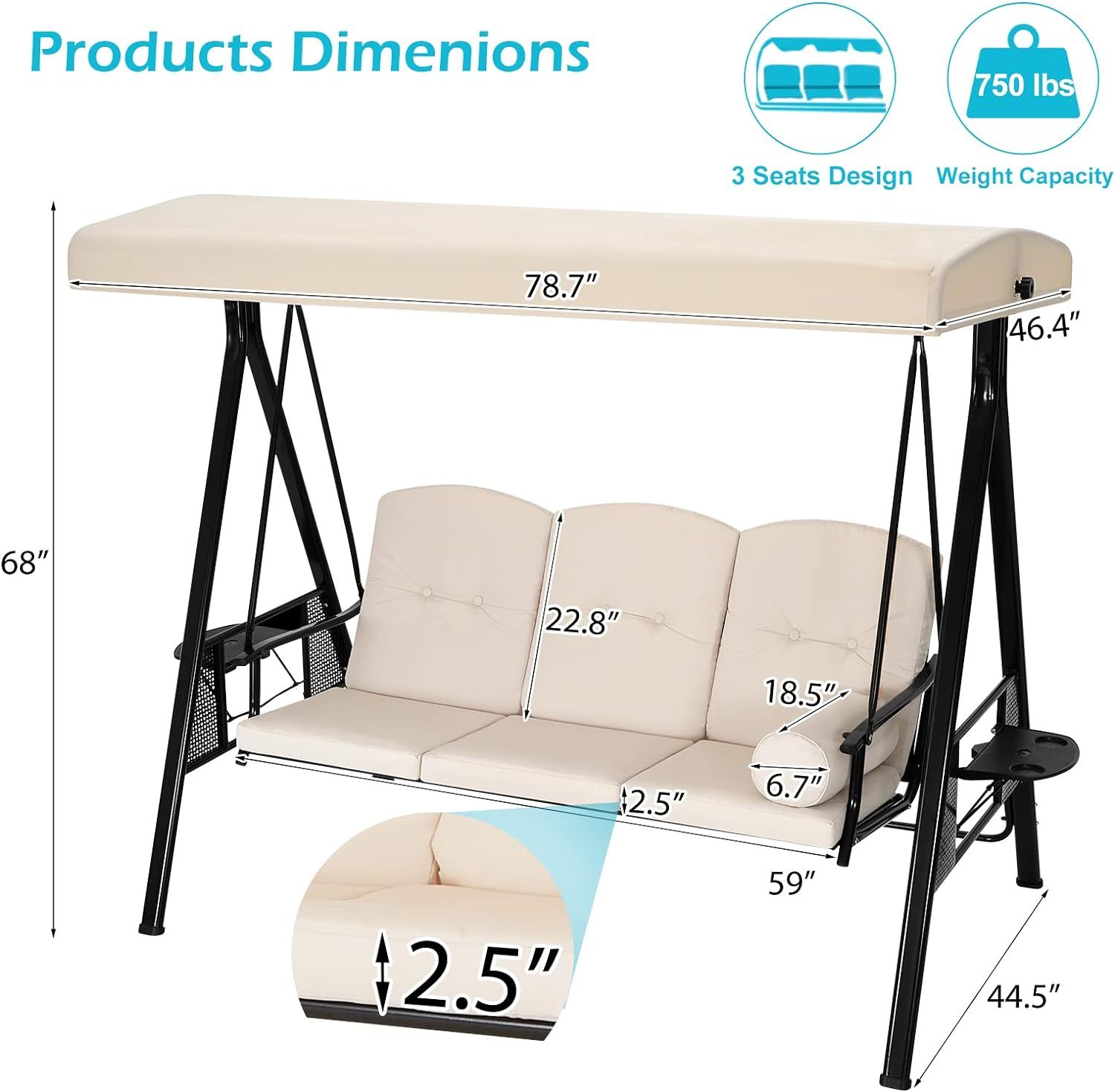 3-Seat Porch Swing Chair, Patio Swing Chair with Stand and Removable Cushions, Outdoor Canopy Swing Chair for Outside, Backyard, Garden(Beige Cushion&Steel Frame)
