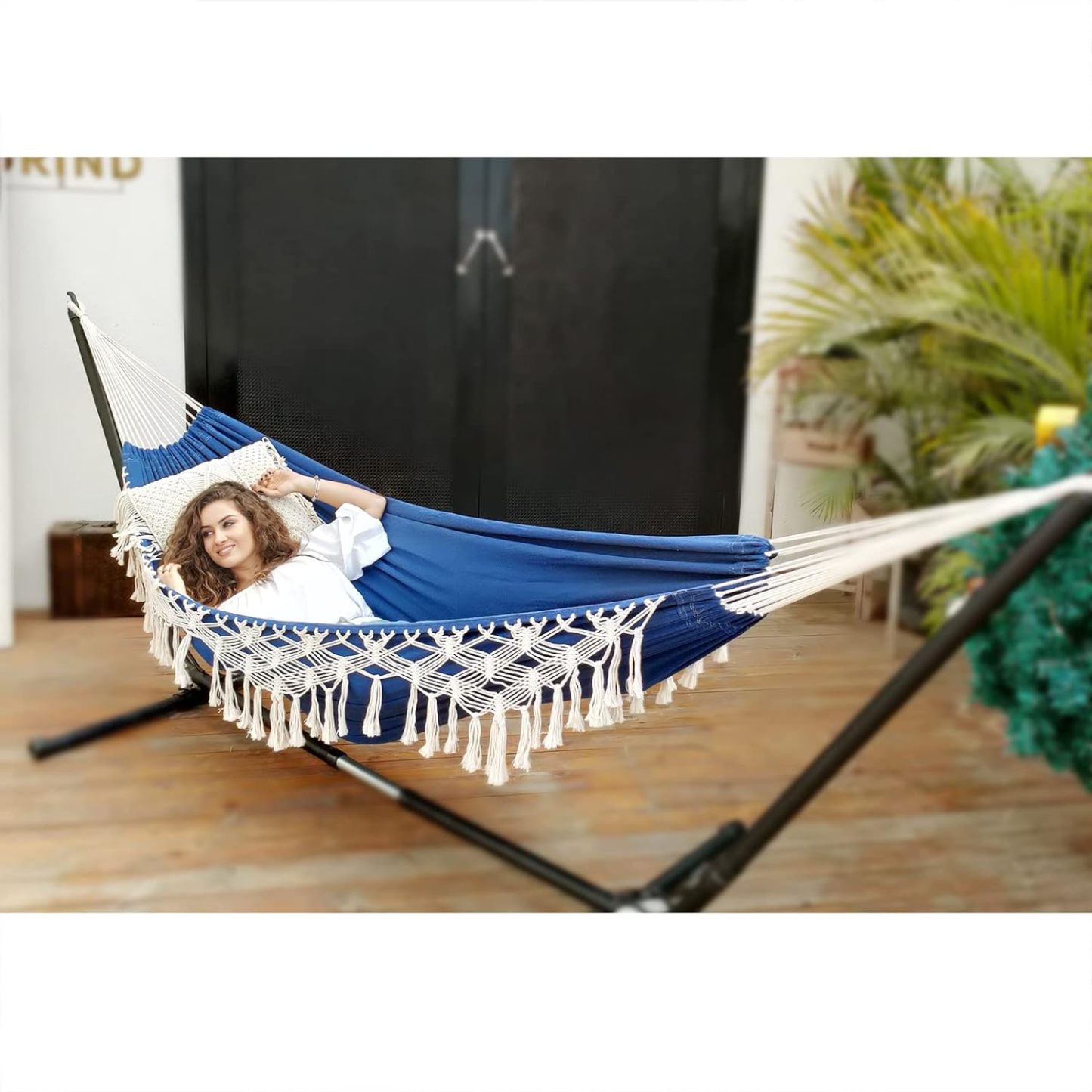 Garden Cotton Hammock Comfortable Fabric Elegant Deluxe Tassels Durable Swing Hammock Up to 450lbs Portable Hammock with Travel Bag,Perfect for Porch Patio Yard Bedroom Outdoor/Indoor