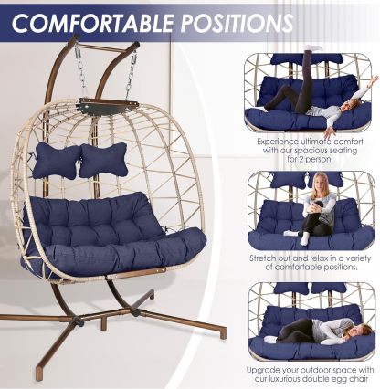 Double Egg Chair with Stand Wicker Swing Chair for 2 Person