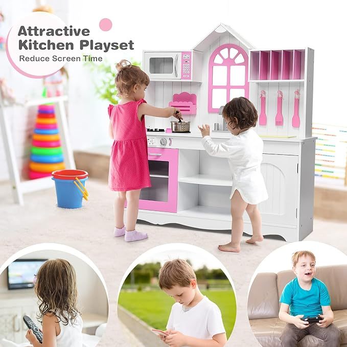 Pink Kids Kitchen Playset, 43 Inch Rooftop Wooden Play Kitchen for Toddlers