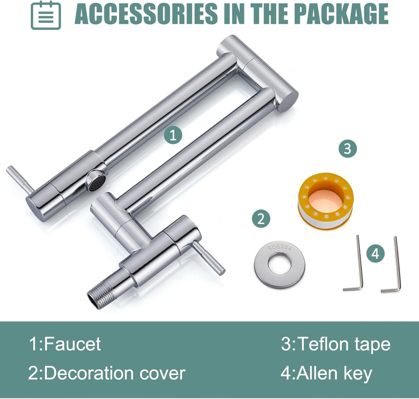 Kitchen Restaurant Faucet Polished Chrome 19 Inch Wall Mounted Folding Stretchable Double Joint Swing Arm Single Hole Two Handles Commercial NPT Stainless Steel Pot Filler