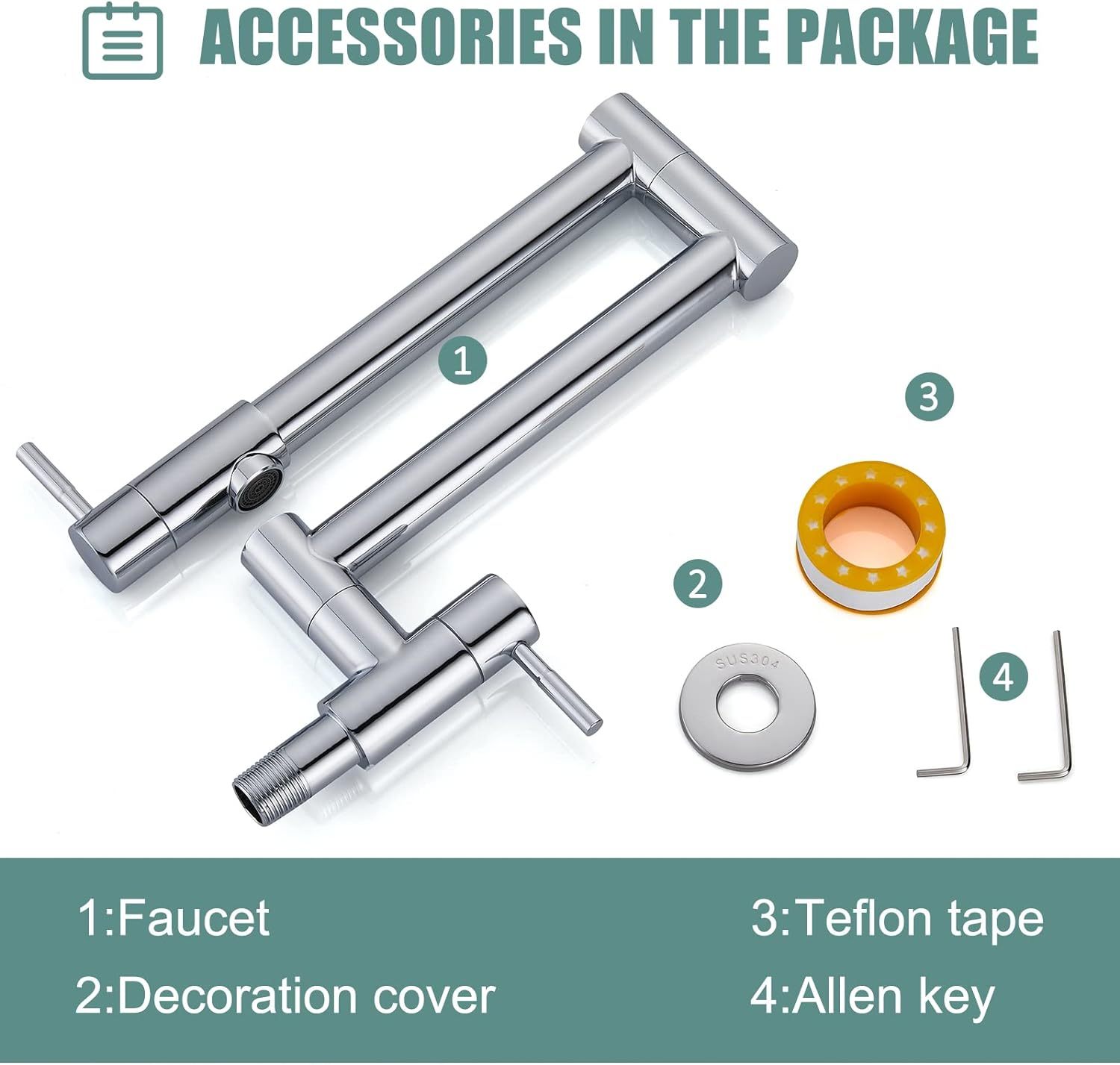 Kitchen Restaurant Faucet Polished Chrome 19 Inch Wall Mounted Folding Stretchable Double Joint Swing Arm Single Hole Two Handles Commercial NPT Stainless Steel Pot Filler