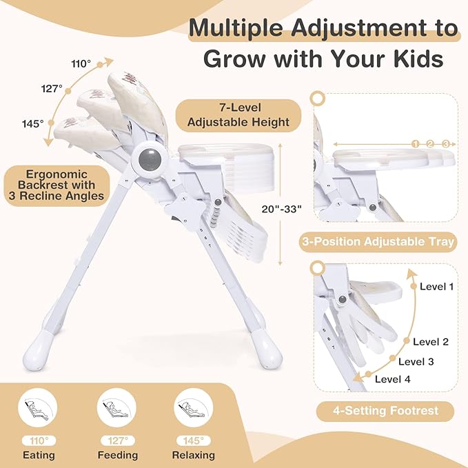 Plastic Foldable Highchair for Babies and Toddlers, 7 Adjustable Heights
