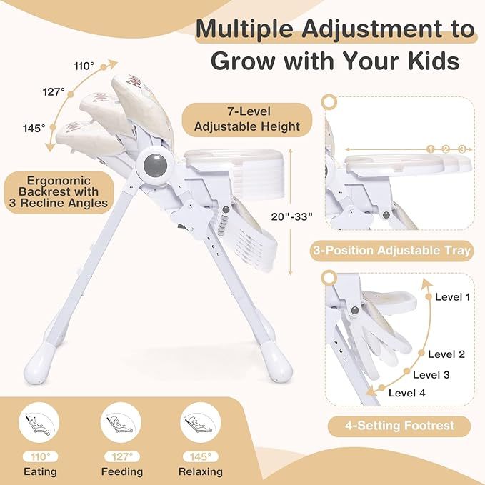 Plastic Foldable Highchair for Babies and Toddlers, 7 Adjustable Heights