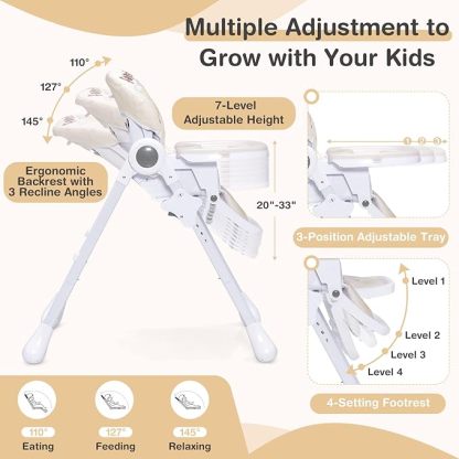 Plastic Foldable Highchair for Babies and Toddlers, 7 Adjustable Heights