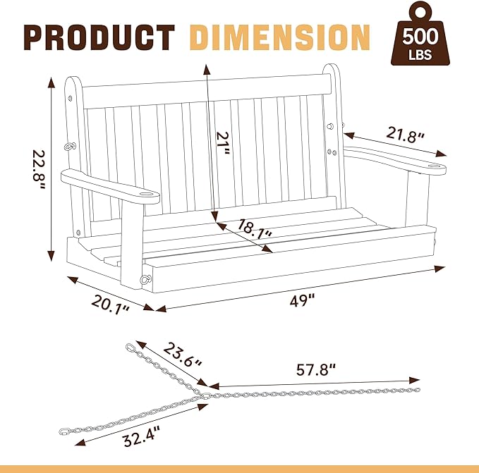 Outdoor Patio Hanging Wooden Porch Swing 4FT with Chains