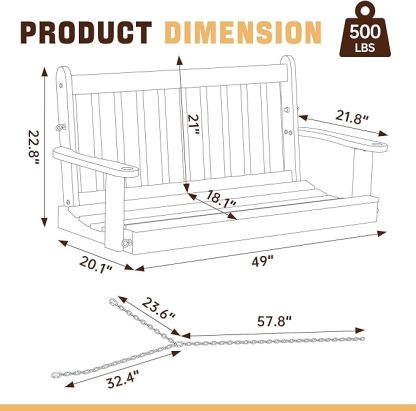 Outdoor Patio Hanging Wooden Porch Swing 4FT with Chains