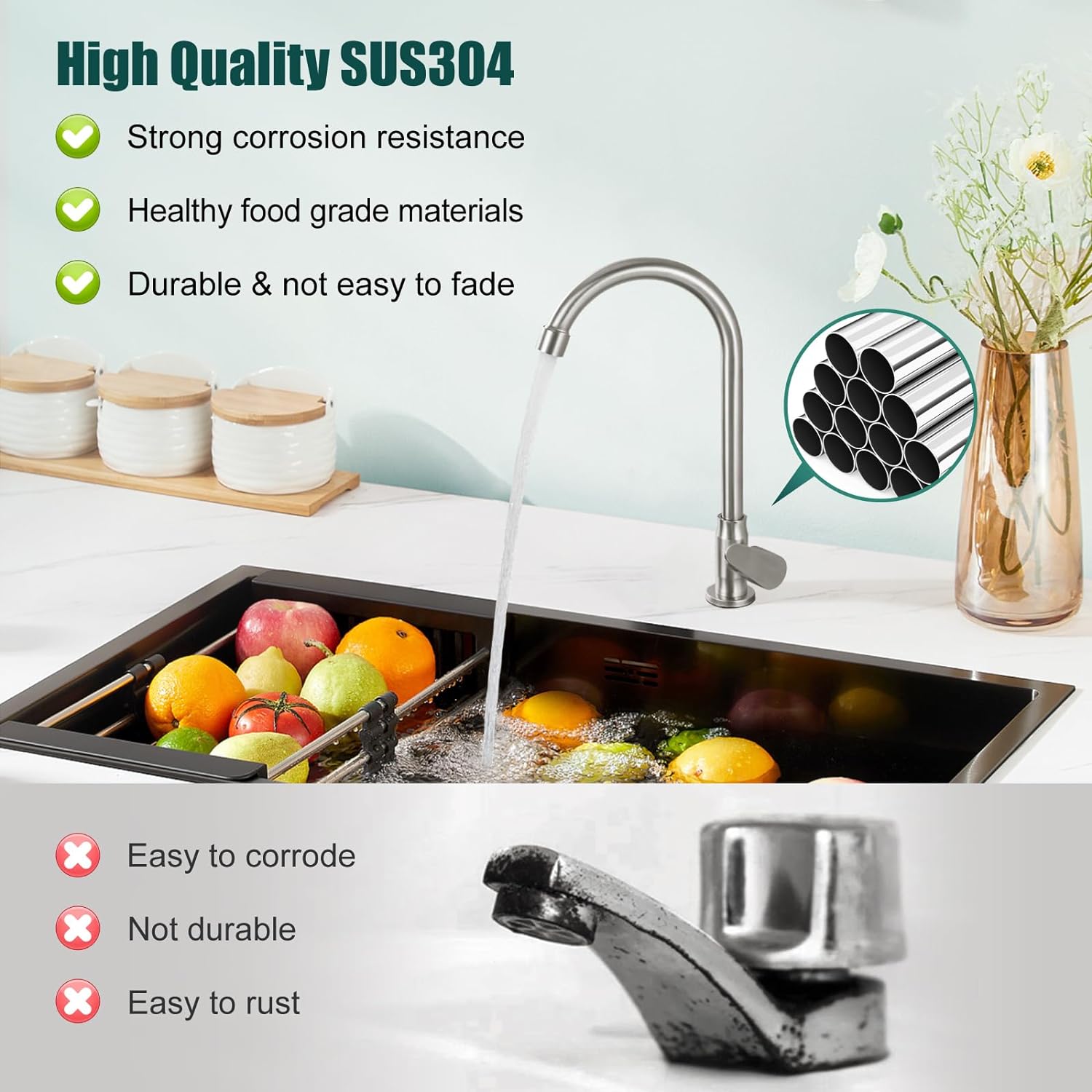 Brushed Nickel Kitchen Faucet Cold Water Only SUS304 Stainless Steel Deck Mounted Single Handle Single Hole High Arc 360 Degree Swivel Spout Bathroom Sink Tap Easy Install with Cold Water Supply Line