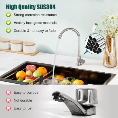Brushed Nickel Kitchen Faucet Cold Water Only SUS304 Stainless Steel Deck Mounted Single Handle Single Hole High Arc 360 Degree Swivel Spout Bathroom Sink Tap Easy Install with Cold Water Supply Line