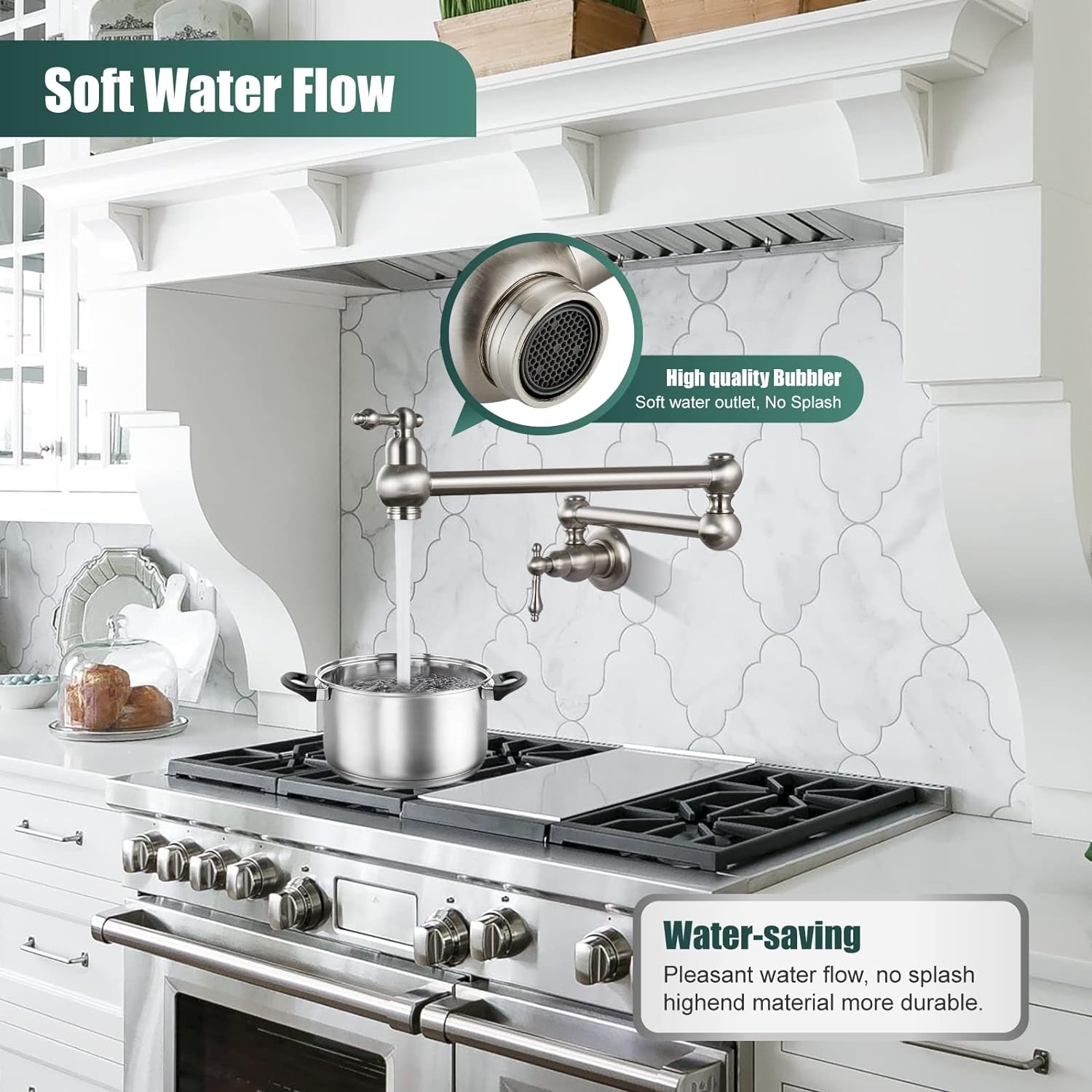 Restaurant Double Handles Pot Filler Brushed Nickel Kitchen Folding Faucet with 360 Degrees Swing Arm Classical Heyalan Single Hole SUS304 Stainless Steel Wall Mount Dual Joints