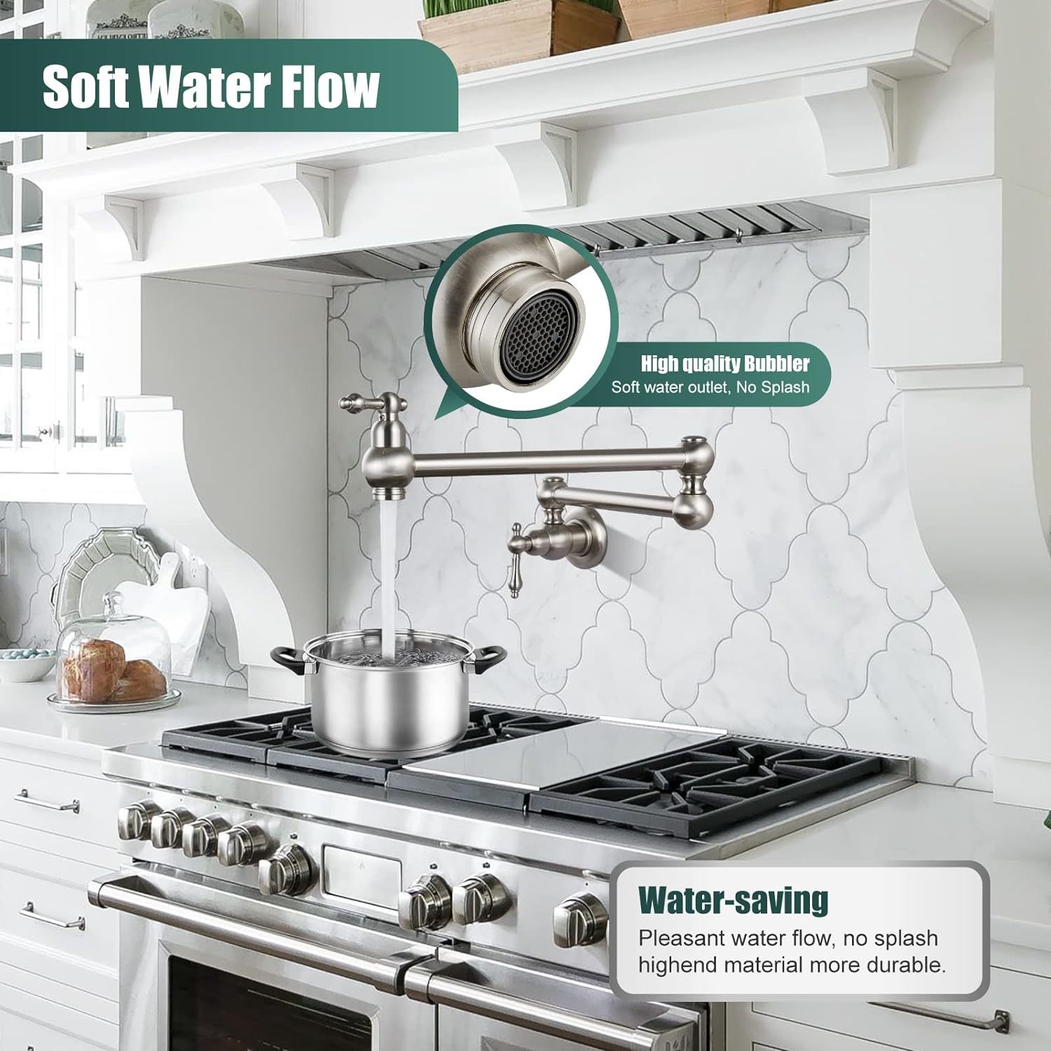 Restaurant Double Handles Pot Filler Brushed Nickel Kitchen Folding Faucet with 360 Degrees Swing Arm Classical Heyalan Single Hole SUS304 Stainless Steel Wall Mount Dual Joints