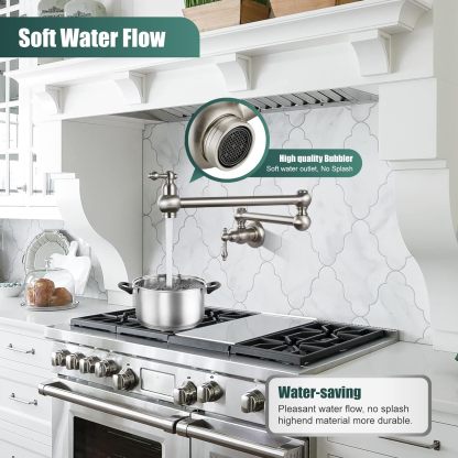 Restaurant Double Handles Pot Filler Brushed Nickel Kitchen Folding Faucet with 360 Degrees Swing Arm Classical Heyalan Single Hole SUS304 Stainless Steel Wall Mount Dual Joints