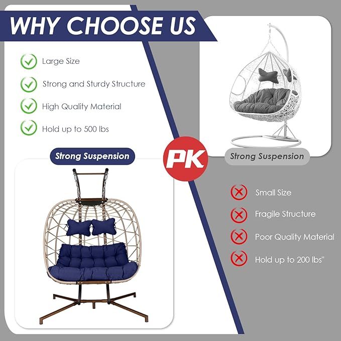 Double Egg Chair with Stand Wicker Swing Chair for 2 Person
