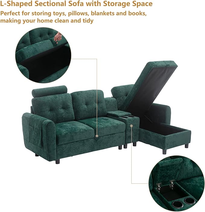 Sectional Sofa Couch with Storage, Small L-Shaped Couches with Chaise & 2 Cup Holders