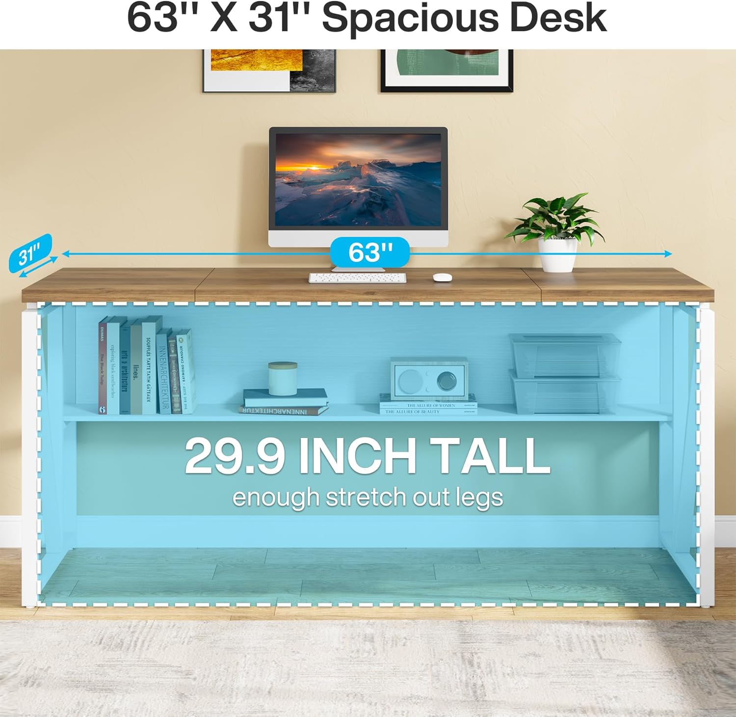 63" Executive Computer Desk and lateral File Cabinet, 2 Piece Home Office Furniture