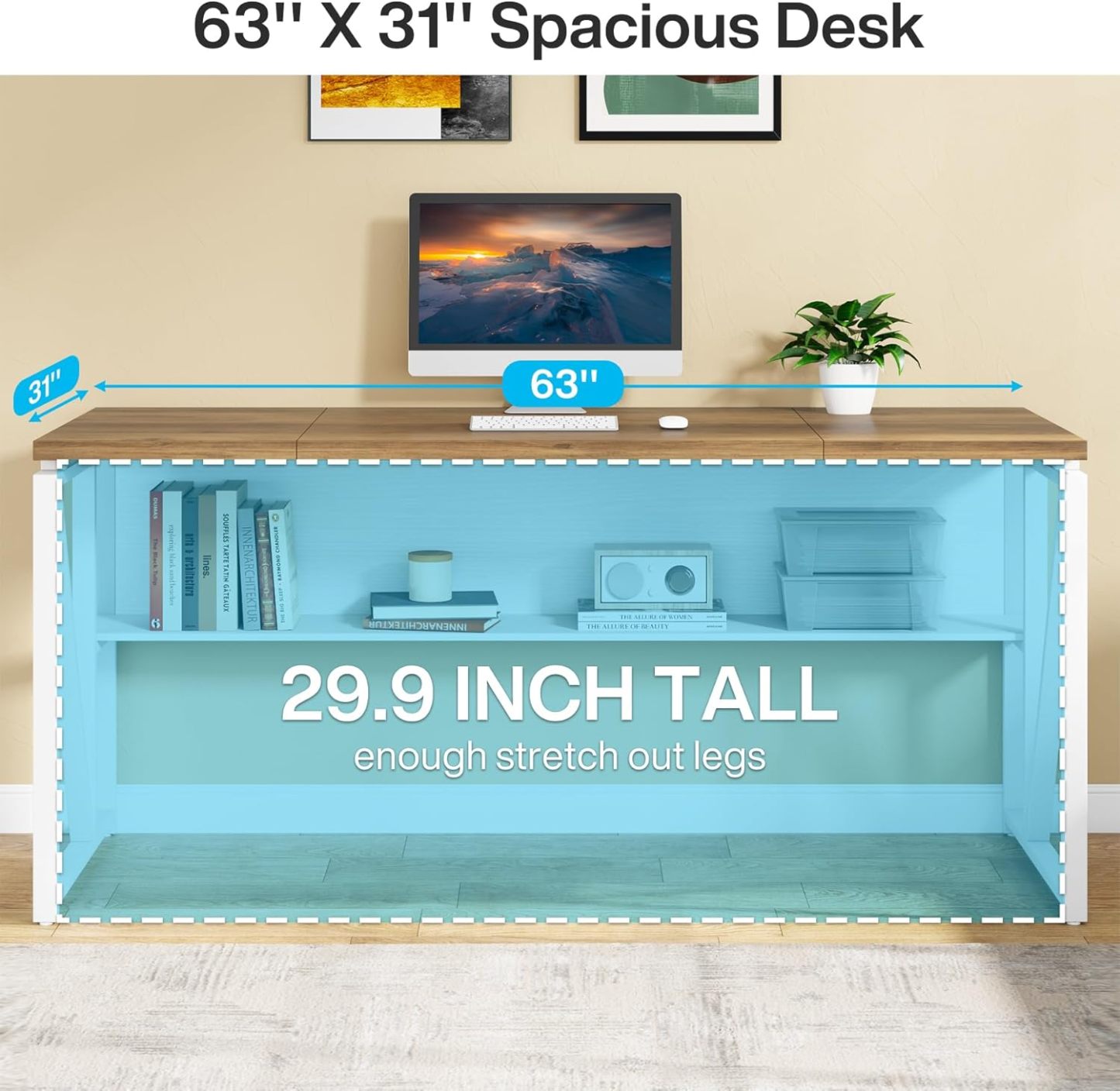 63" Executive Computer Desk and lateral File Cabinet, 2 Piece Home Office Furniture