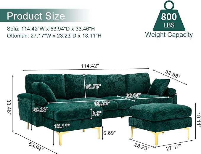 U-Shaped Sectional Sofa Couch, Modern Velvet L-Shaped Couch Set