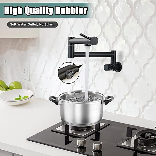 Matte Black Pot Filler 19 Inch Wall Mount Folding Stretchable Kitchen Restaurant Faucet Stainless Steel Pot Filler with Double Joint Swing Arm Single Hole Two Handles Commercial NPT