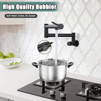 Matte Black Pot Filler 19 Inch Wall Mount Folding Stretchable Kitchen Restaurant Faucet Stainless Steel Pot Filler with Double Joint Swing Arm Single Hole Two Handles Commercial NPT