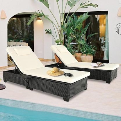 Outdoor Chaise Lounge Patio Wicker Lounge Chair Adjustable with 5-Position Design Wooden Texture for Patio, Beach and Poolside (White)f