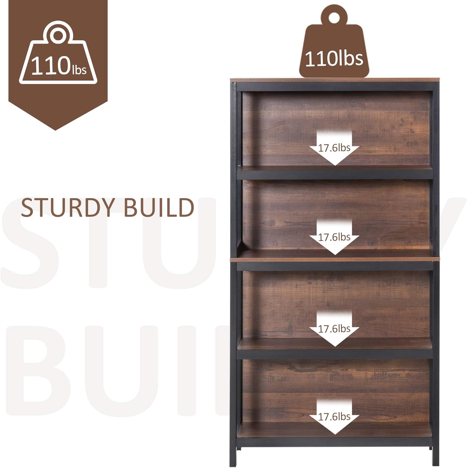 4 Tier Bookshelf Utility Organizer with Back Support and Anti-Topple Design