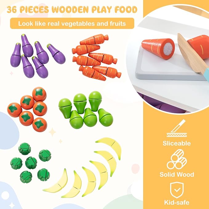 Pretend Play Wooden Toddler Fruit Stand w/36 Cutting Food Vegetable Accessories
