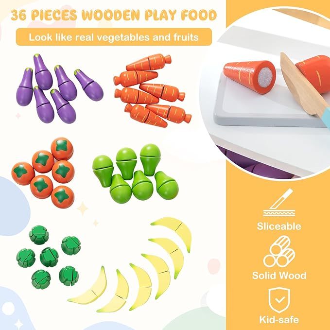 Pretend Play Wooden Toddler Fruit Stand w/36 Cutting Food Vegetable Accessories