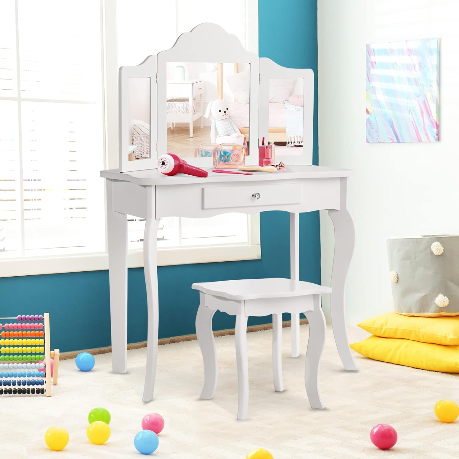 Kids Vanity Set with Mirror, 2-in-1 Wooden Toddler Vanity Table with Stool